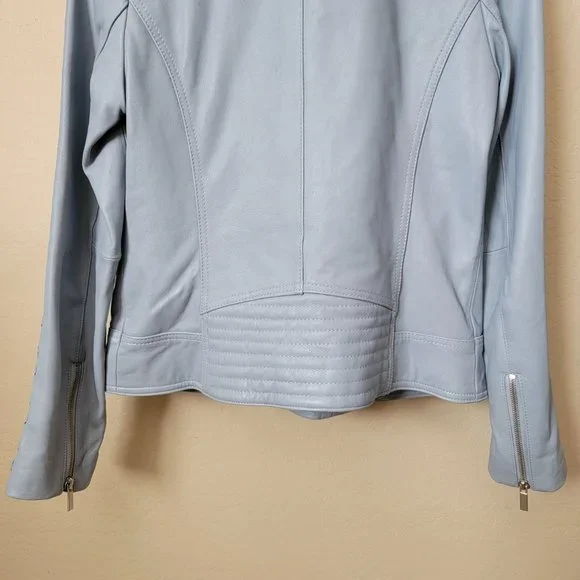 Neiman Marcus Light Blue Leather Lace-Up Moto Leather Jacket - Picture 10 of 16